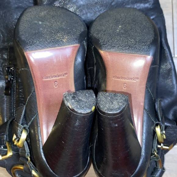 Charles Davis Black Leather Knee-High Boots Gold Harness hardware - Picture 5 of 8